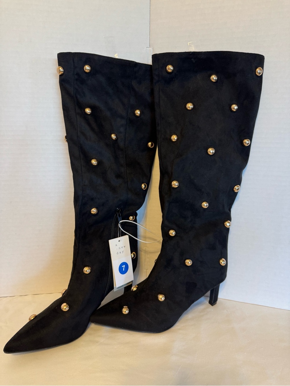 Black Studded Knee-High Pointed-Toe Heeled Boots
